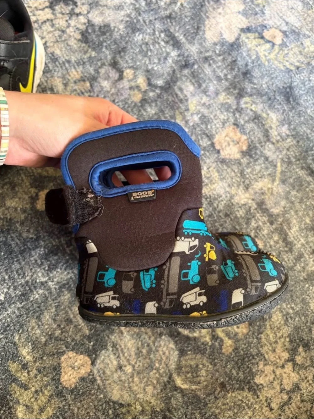 Bogs Kids Black Rain & Snow Boots with Blue and Yellow Construction Print